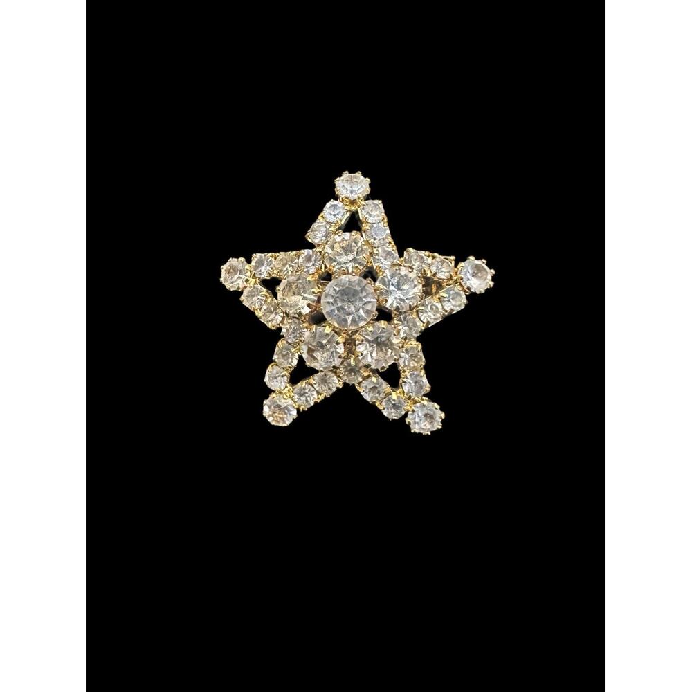 Clear Rhinestone Star Brooch Gold Tone Vintage